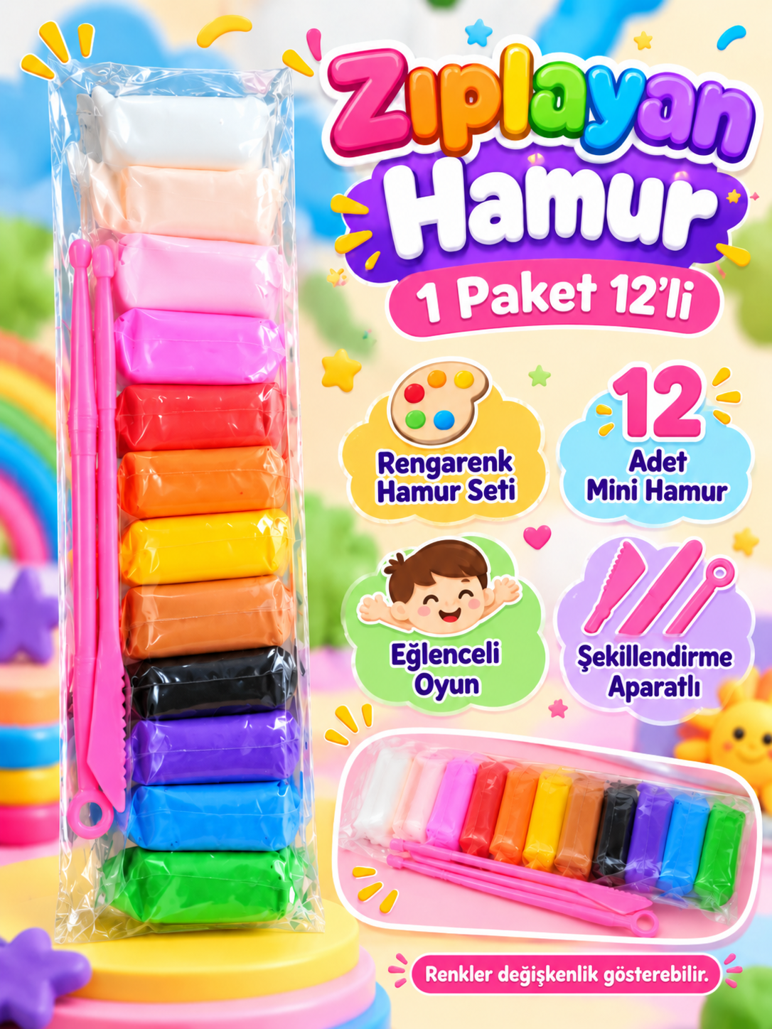 Südor Zıplayan Oyun Hamuru 12'li Set – Rengarenk Eğlenceli Hamur ve Şekillendirme Aparatları